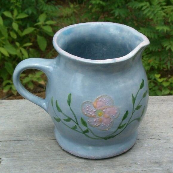 Handmade Ceramic  Coffee Creamer  Blue Cottage Core w/ Floral Design - Picture 1 of 3
